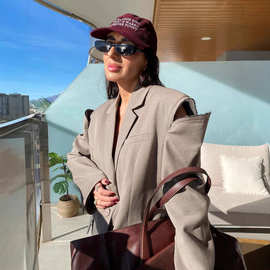 春季新款纯色翻领长袖露肩西装外套2025跨境欧美休闲时尚气质外套