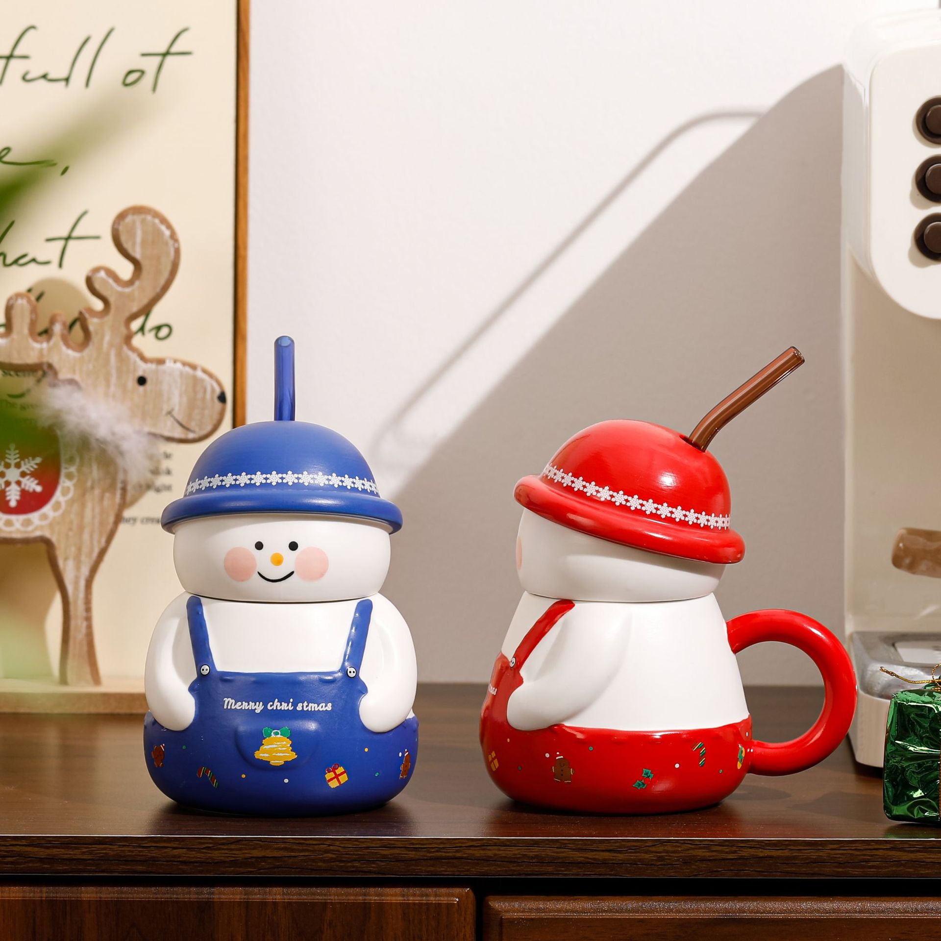 Navidad creativa muñeca de nieve taza de cerámica personalidad dibujos animados acompañante regalo taza de agua de paja encantadora taza tridimensional transfronteriza