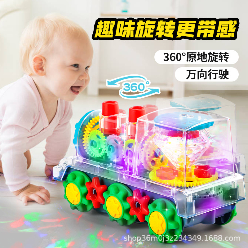 Juguetes de tren eléctrico para niños, engranajes universales, luz transparente, música giratoria, modelo de tren de juguetes al por mayor