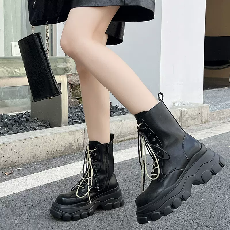 现货厚底马丁靴女英伦风2025春季百搭小个子增高显瘦炸街短靴女