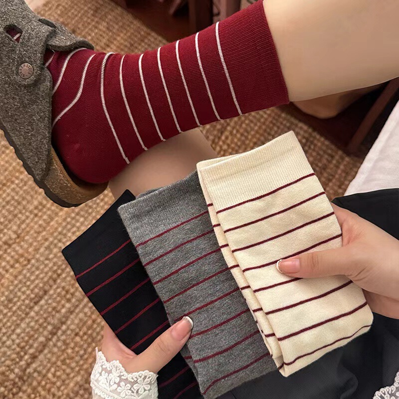 Ankora Socks Women's Boneless Early Autumn New Style Stomach Anti-Pilling Fashionable Women's Socks Striped High Elastic Straight Tube Women's Mid-Tube Socks