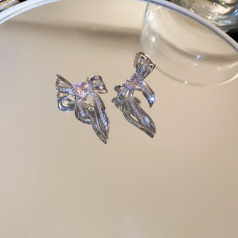 Sweet Heart Shape Bow Knot Copper Inlaid Zircon Earrings 1 Pair