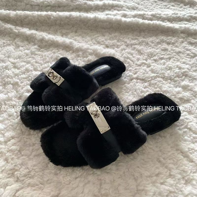毛毛拖鞋女外穿2025新款春秋季百搭时尚一字拖高级感毛茸茸棉拖鞋|undefined
