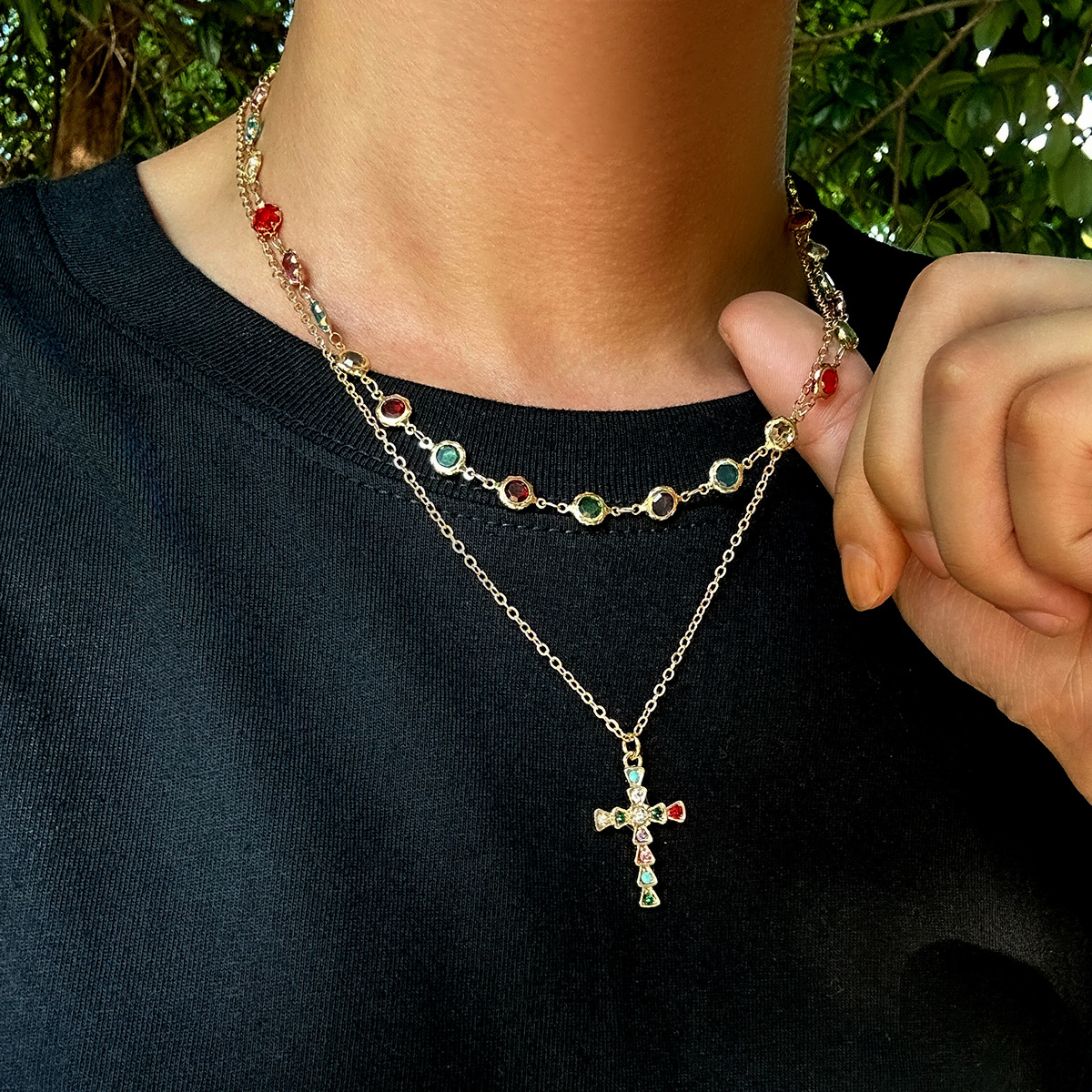Crystal Cross Necklace For Men Layered Chain Hip-hop Accessory_voghion.com