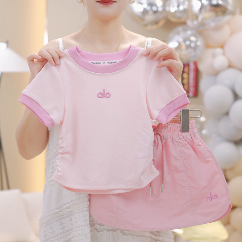 Girls Summer Thin Suit Korean Style Baby Pure Cotton Short-Sleeved Sports Skirt Pants Contrasting Color T-Shirt Two-Piece Children's Clothing Set