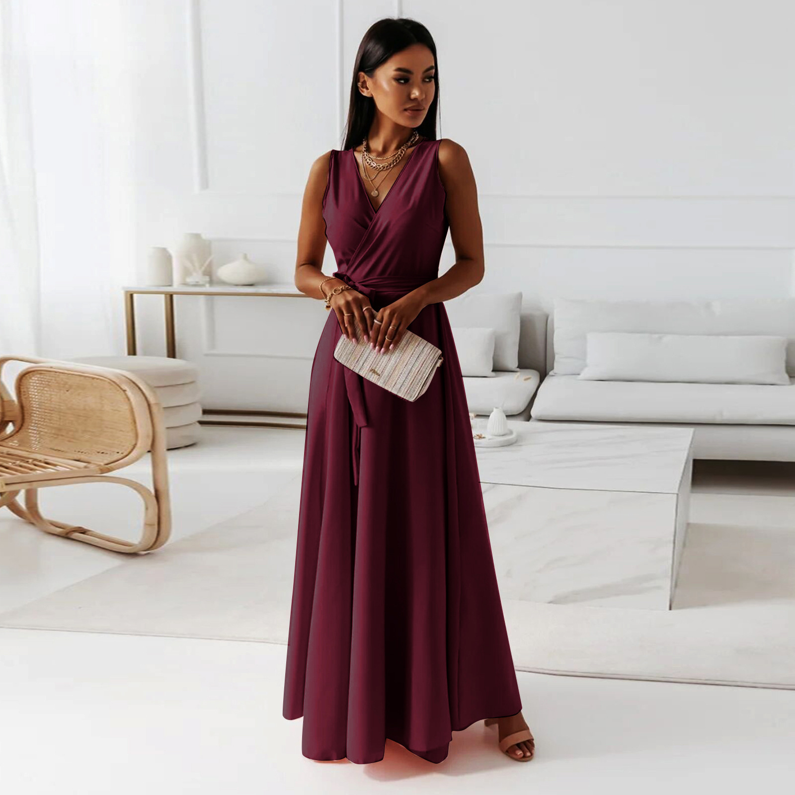 2025 Independent Station European And American Cro-Border Spring Summer New Women's Solid Color V-Neck Long_ecoleips.com