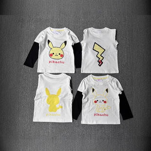 Japanese Export 2025 Autum New Pikachu Series Children's Clothing Long-Sleeved Casual Bottoming Shirt Fake Two Pieces