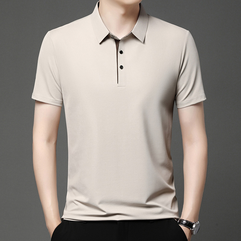 Ice Silk Short-Sleeved T-Shirt Polo Shirt for Middle-Aged Men, Summer Business Casual Breathable Color-Block Placket Turn-Down Collar Polo Shirt