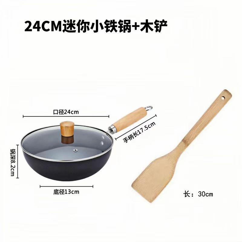 24cm 작은 철 냄비 + 뚜껑 + 나무 주걱