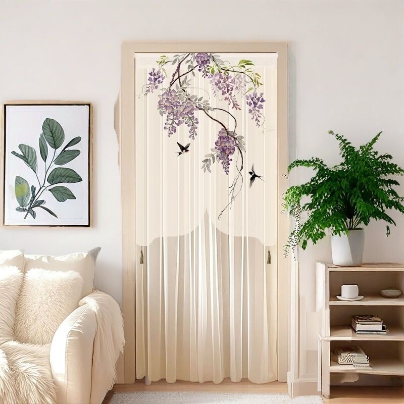 Wisteria flower door curtain, double-layer room divider curtain, feng shui design, suitable for home use, no drilling required, privacy curtain