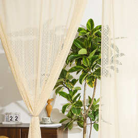 跨境复古编织纱帘法式美式田园波西米亚风钩针镂空流苏米黄窗帘纱