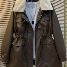 胖妹妹大码女装时尚PU皮风衣外套秋冬新款百搭收腰夹棉皮衣外套女