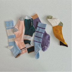 秋冬新款撞色橫條色塊兒童襪男女童拼色條紋中筒襪潮童襪子雙針