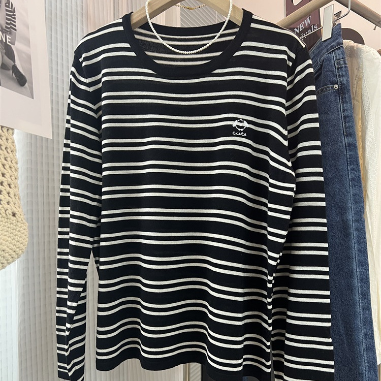 25春装新品韩版刺绣小狗针织衫女羊毛混纺宽松条纹慵懒风上衣1218