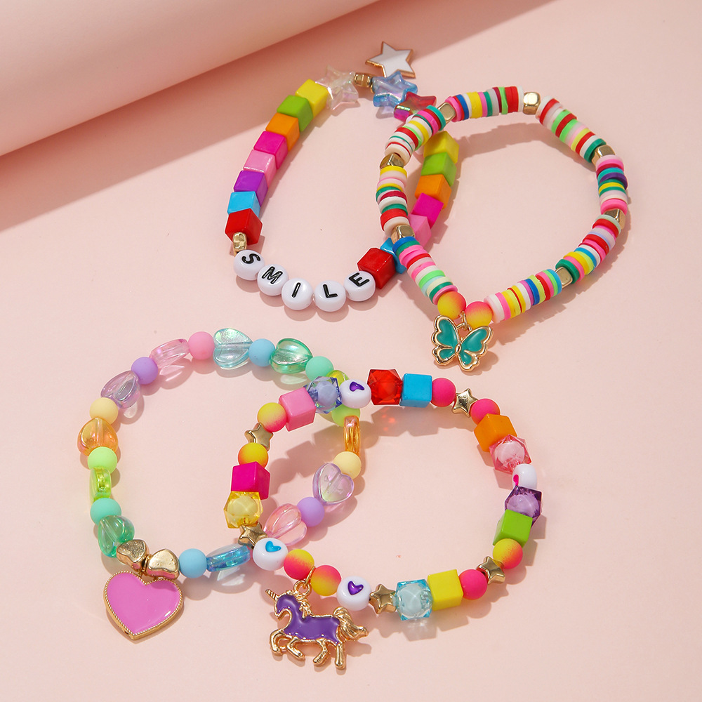 Sweet Heart Shape Unicorn Butterfly Arylic Alloy soft clay Handmade Kidu0027S Bracelets 1 Set