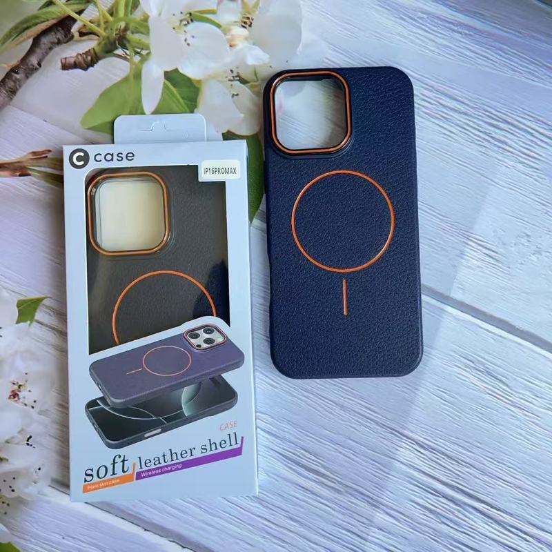 适用iPhone16ProMax手机壳荔枝纹撞色细圈磁吸苹果15防摔保护套14|undefined