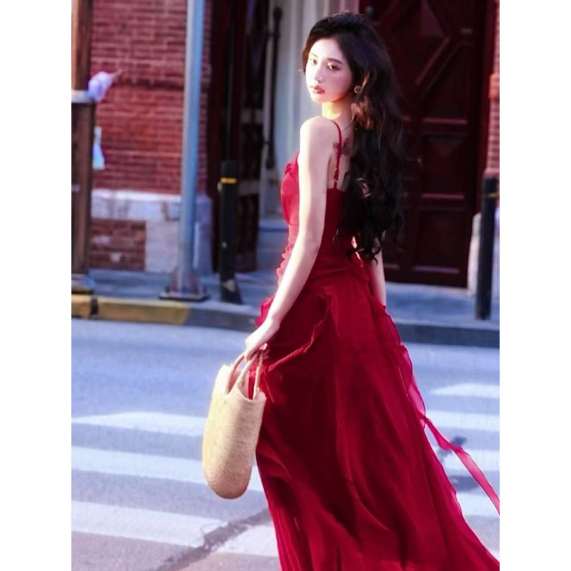 French Retro Dress, Red Long Dress, Engagement Dress, Wedding Dress, Waist Slimming Lotus Leaf Dress