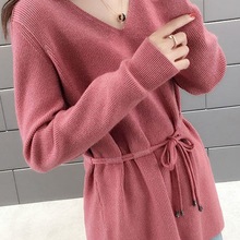 2025秋装新品女士V领系带收腰针织衫上衣时尚纯色宽松毛衣打底衫