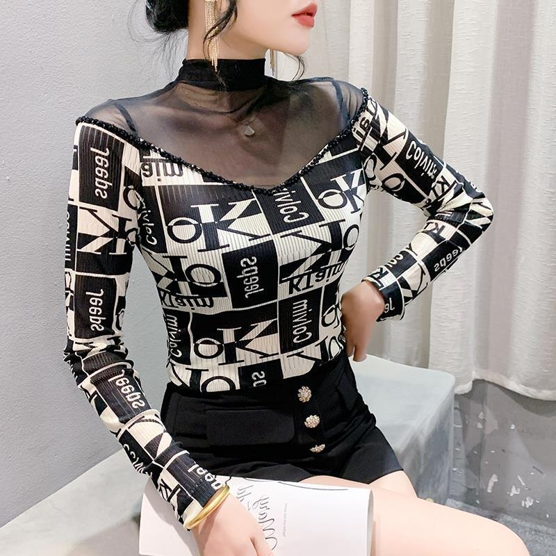 Real Shot 2024 Autumn New Fashion Mesh Printed Slim-Fit Slimming Handmade Beaded Long Sleeve Base Shirt for Women