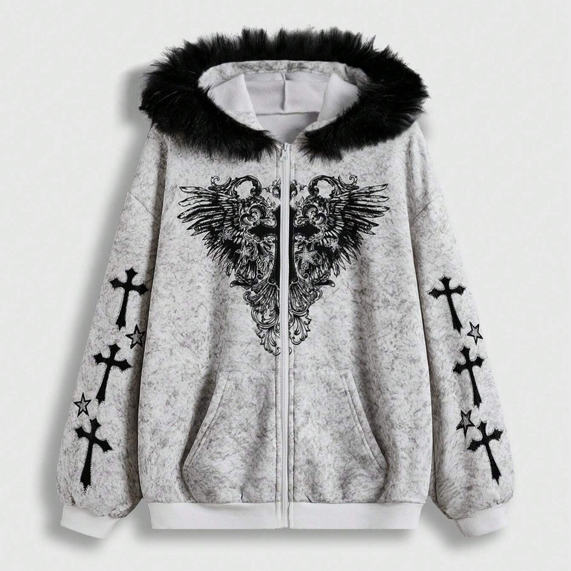 Autumn and Winter European and American Gothic Ins High Street Cross Pattern Print Design Crop Hip-Hop Rock Fur Collar Sweatshirt