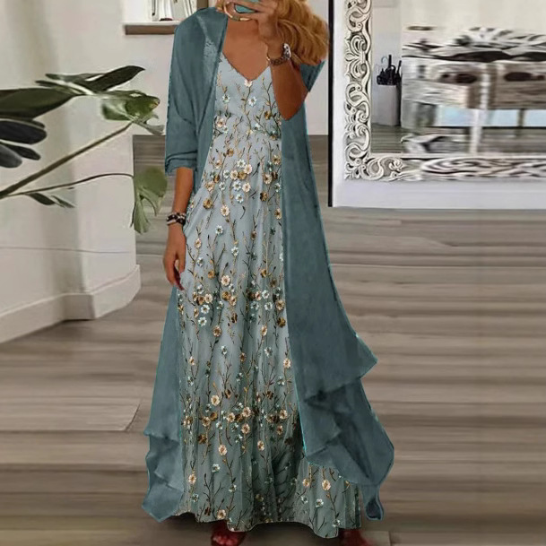 In-Stock Cross-Border 2025 European and American Summer Women's Printed Vacation Strap Long Dress Indian Style Flared Dress Two-Piece Set