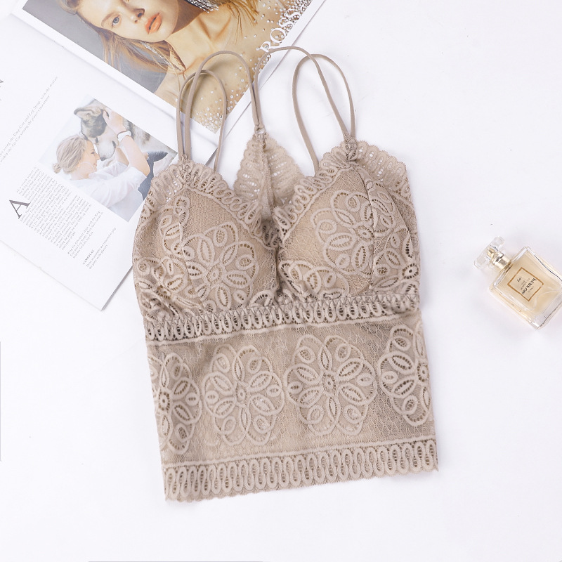 2022 verano inalámbrico con almohadilla en el pecho más tamaño encaje belleza espalda sujetador largo bottoming camisola de las mujeres chaleco