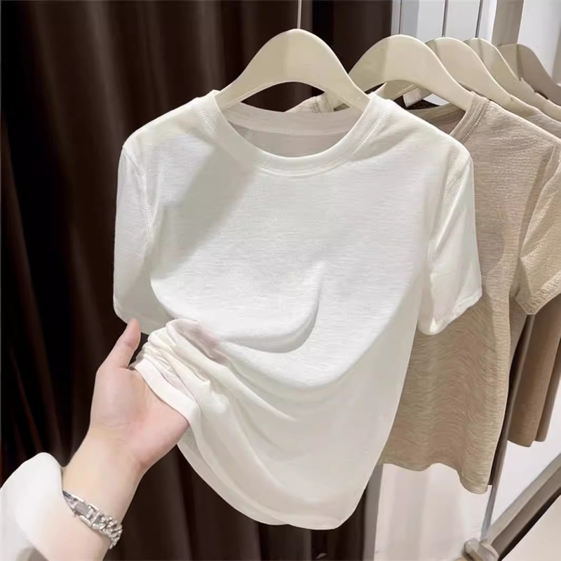 Soft Tencel Mask-Like Short-Sleeve T-Shirt for Women, Summer 2026 New Style, Petite Size, Regular Shoulder, White Thin Ice Silk Top Soft Tencel Mask-Like Short-Sleeve T-Shirt for Women, Summer 2026 New Style, Petite Size, Regular Shoulder, White Thin Ice Silk Top
