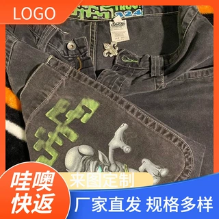 哇噢快返美式JNCO嘻哈刺绣宽松直筒牛仔裤 男款休闲修身牛仔裤