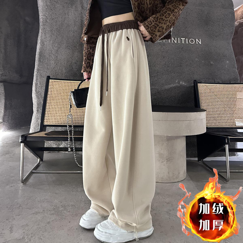 Autumn and Winter New Embroidered Pony Color-Block High-Waisted Jogger Two-Way Wide-Leg Pants for Women, Winter Fleece-Lined Thickened Casual Sweatpants