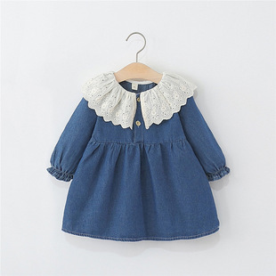 Children's Sweet Dress Autumn Lace Denim Skirt Girls Lapel Long-Sleeved Kidsren's Skirt 1-3 Years Old Kidsren's Clothing Export 4
