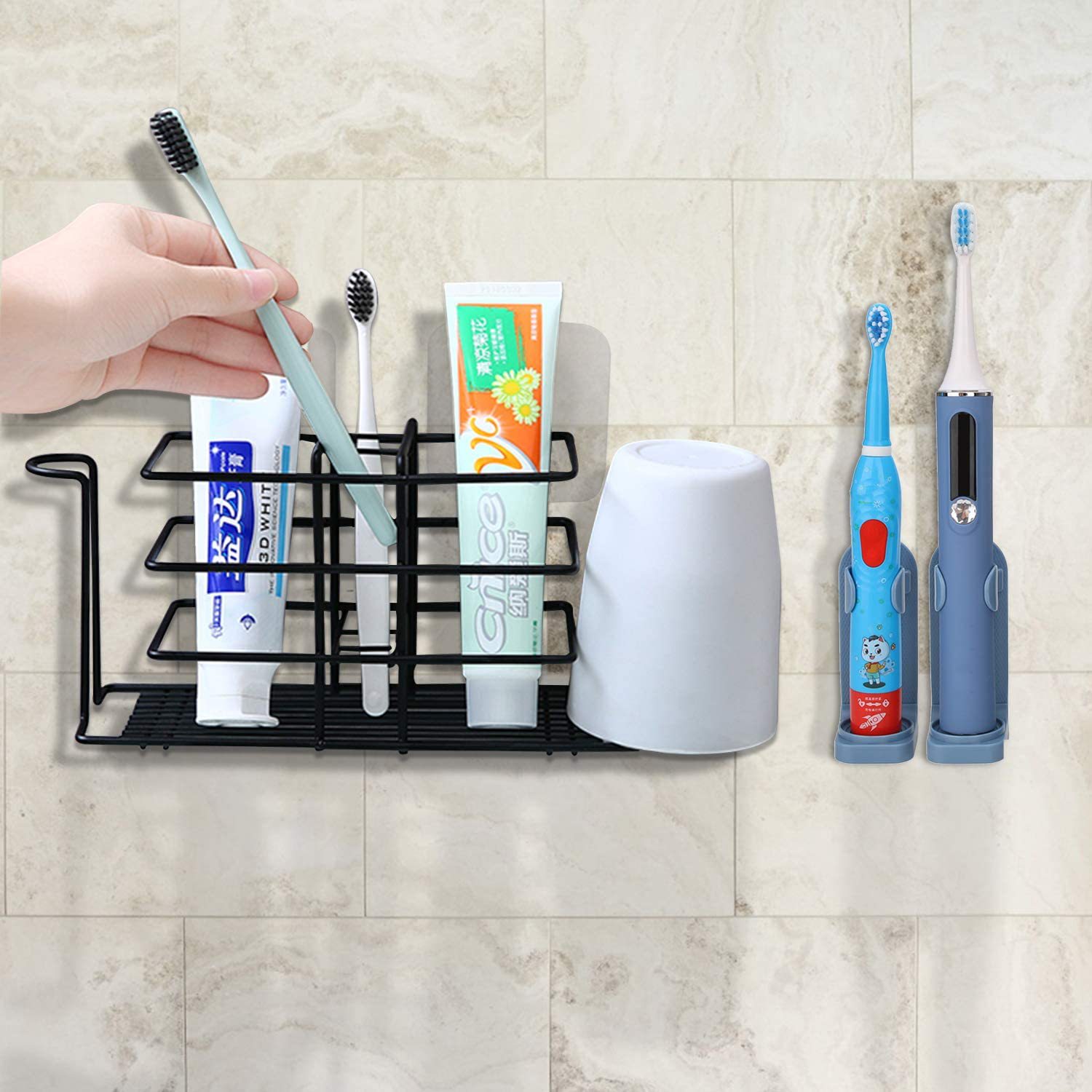 Wall-mounted toothbrush holder for bathroom, no-drilling tooth cup storage rack, toothpaste metal art shelf