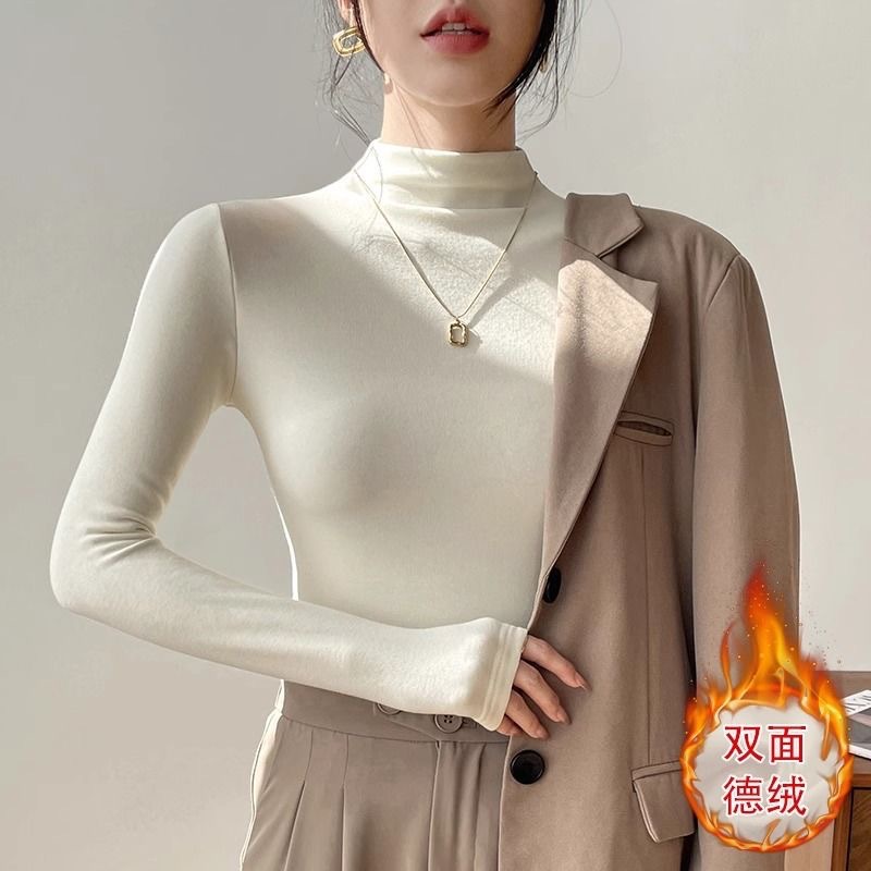 2026 estilo coreano pesado de doble cuello de media altura camiseta de base rosa de terciopelo para mujeres camiseta de manga larga de terciopelo gruesa