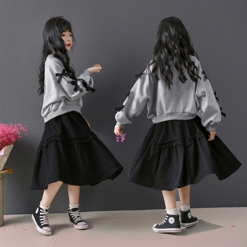 Falda holgada con orejas de madera, falda de media longitud hinchada de cintura alta, manga de pajarita, suéter lindo coreano