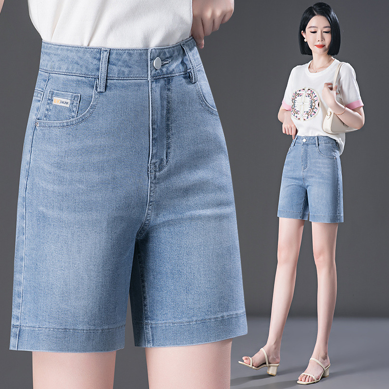 Denim Shorts Women's High Waist Slim Loose Large Size Summer New Middle-Aged Mother Embroidered Blue Five-Point Jeans