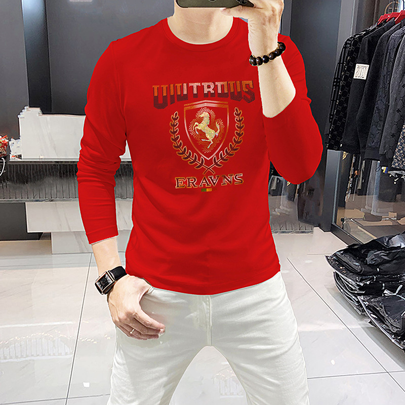 New long sleeved T-shirt base shirt with rhinestones, war horse European goods, men's round neck, spring and autumn_voghion.com