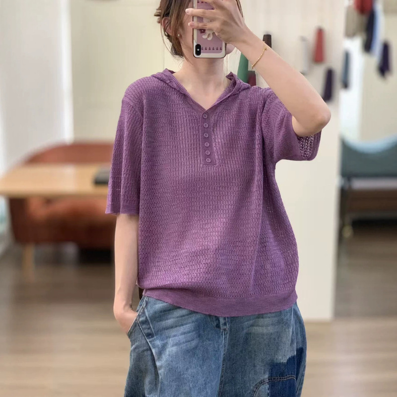 2026 New Summer Thin Cool Hooded Knit Top for Women, Age-Reducing Versatile Casual Loose Pullover Short-Sleeve Shirt