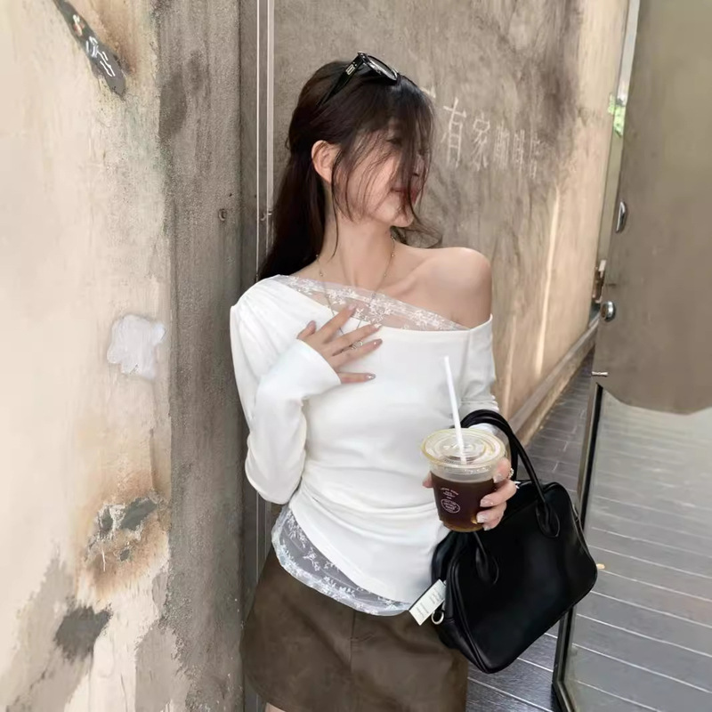 Blue Design Sense Lace Stitching Long-sleeved T-shirt Women's Early Autumn Spice Girls Sexy Slim-fit Slimming Shoulder Top
