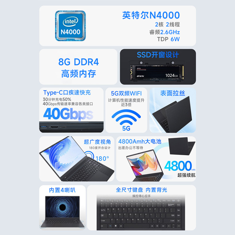 Nuevas computadoras portátiles transfronterizas N4000 de 14 pulgadas portátiles de oficina de negocios portátiles ligeros