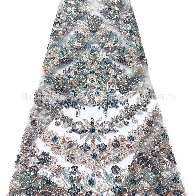 Fábrica directa de bordado de tubos de perlas vestido de boda vestido de noche vestido de moda tela de importación de tubos de perlas diapositivas
