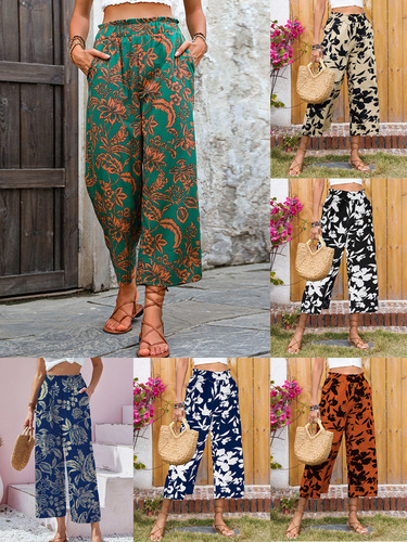 Independent station European and American printed pants, elastic waist wide-leg pants for women, casual nine-inch pants, show long legs