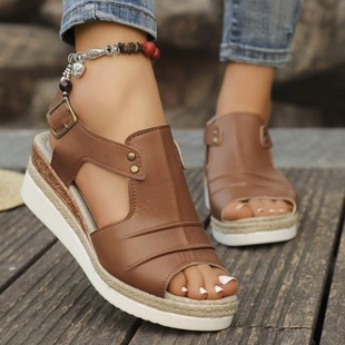 2024 European and American Foreign Trade Cross-border plus size Wedge Fishmouth Sandals Women's Summer New Buckle Outer Wear Beach Sandals