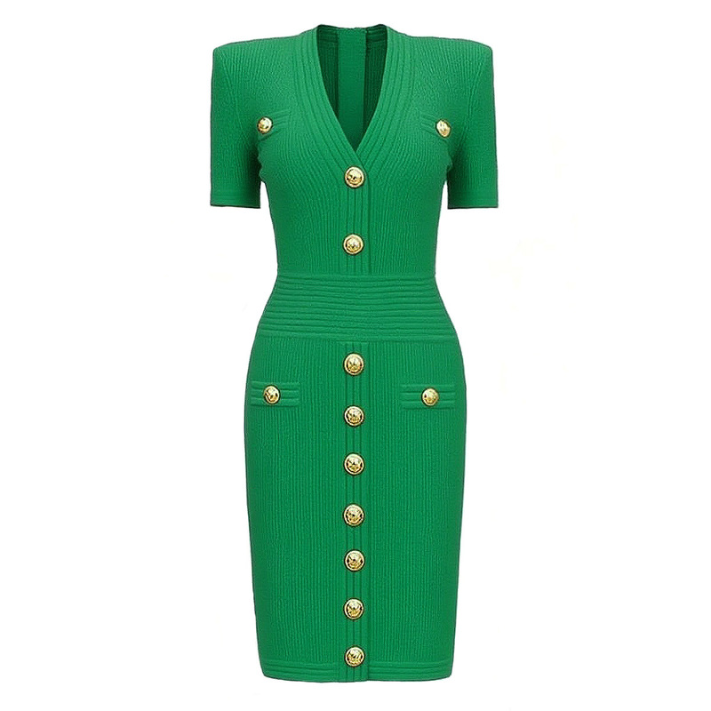 24129 High-Quality In-Stock Extended-Length Summer New Fashion Knitted V-Neck Slim-Fit Short-Sleeve Dress for Women