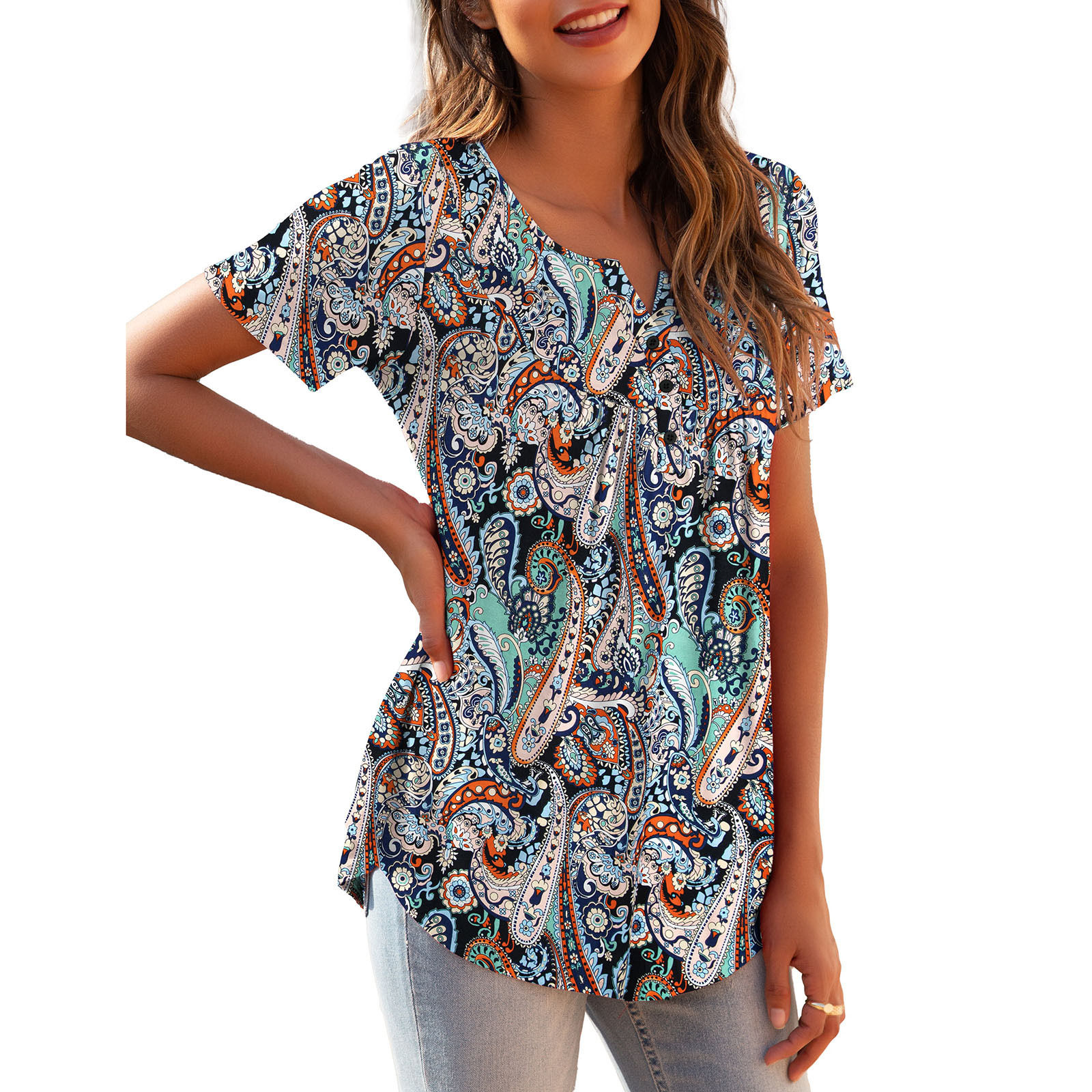 Artificial cotton 2023 wish AliExpress V-neck short-sleeved loose all-match top women's button cartoon short-sleeved top