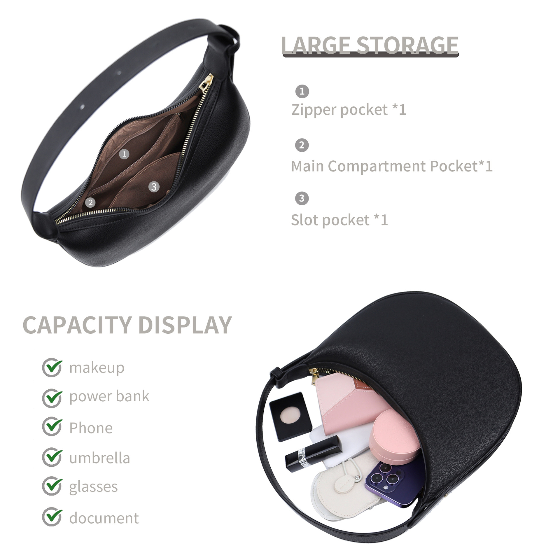 Casual, Daily Occasion Women's Pu Leather Solid Color Basic Classic Style Dumpling Shape Zipper Underarm Bag
