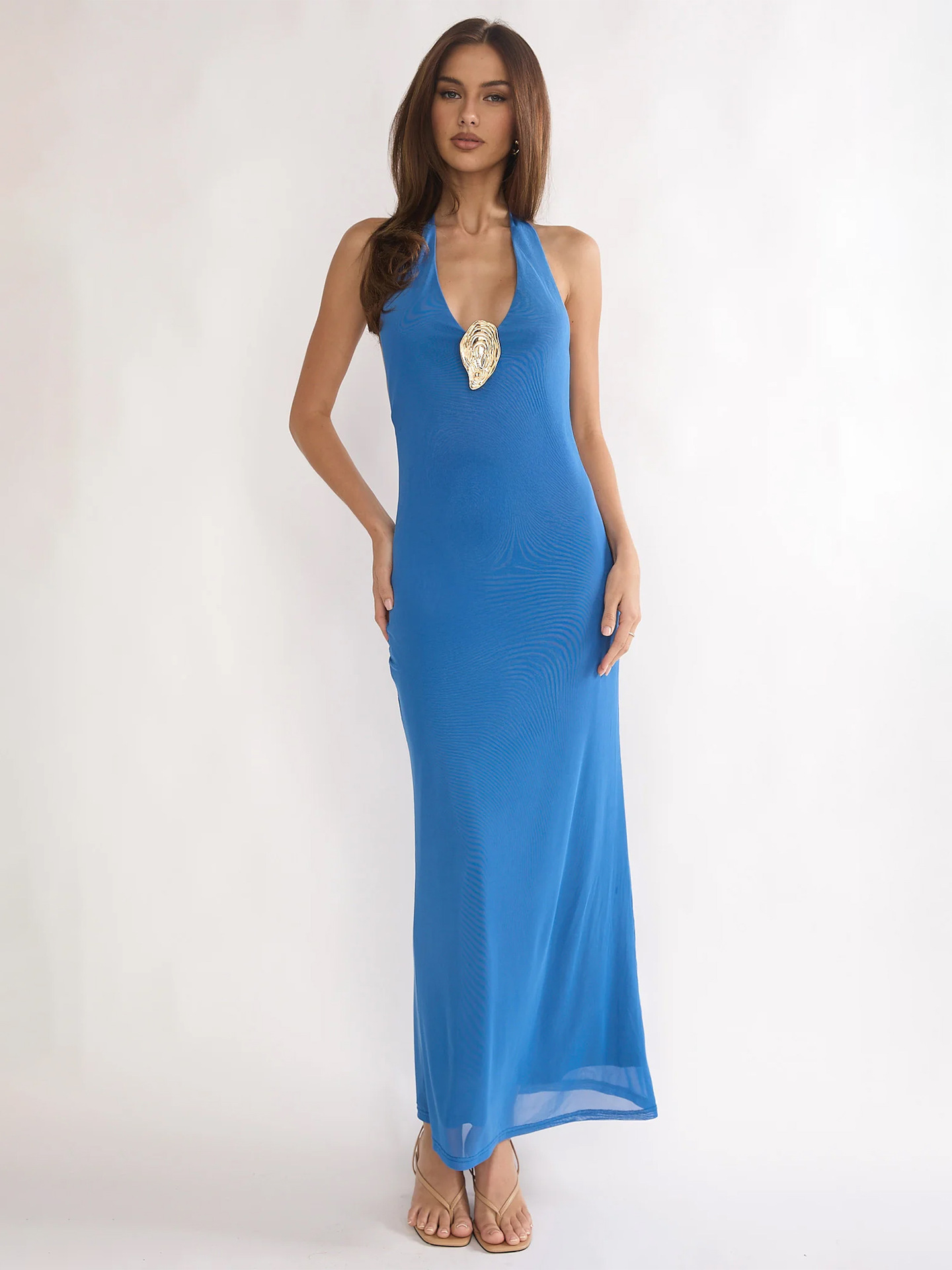 Elegant Deep V-Neck Backless Long Dress With Gold Accents - Stylish Sleeveless Bodycon Dress For Women​_ecoleips.com