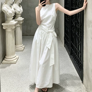 纯色设计感系带无袖褶皱圆领连衣裙女夏韩系气质收腰背心A字长裙