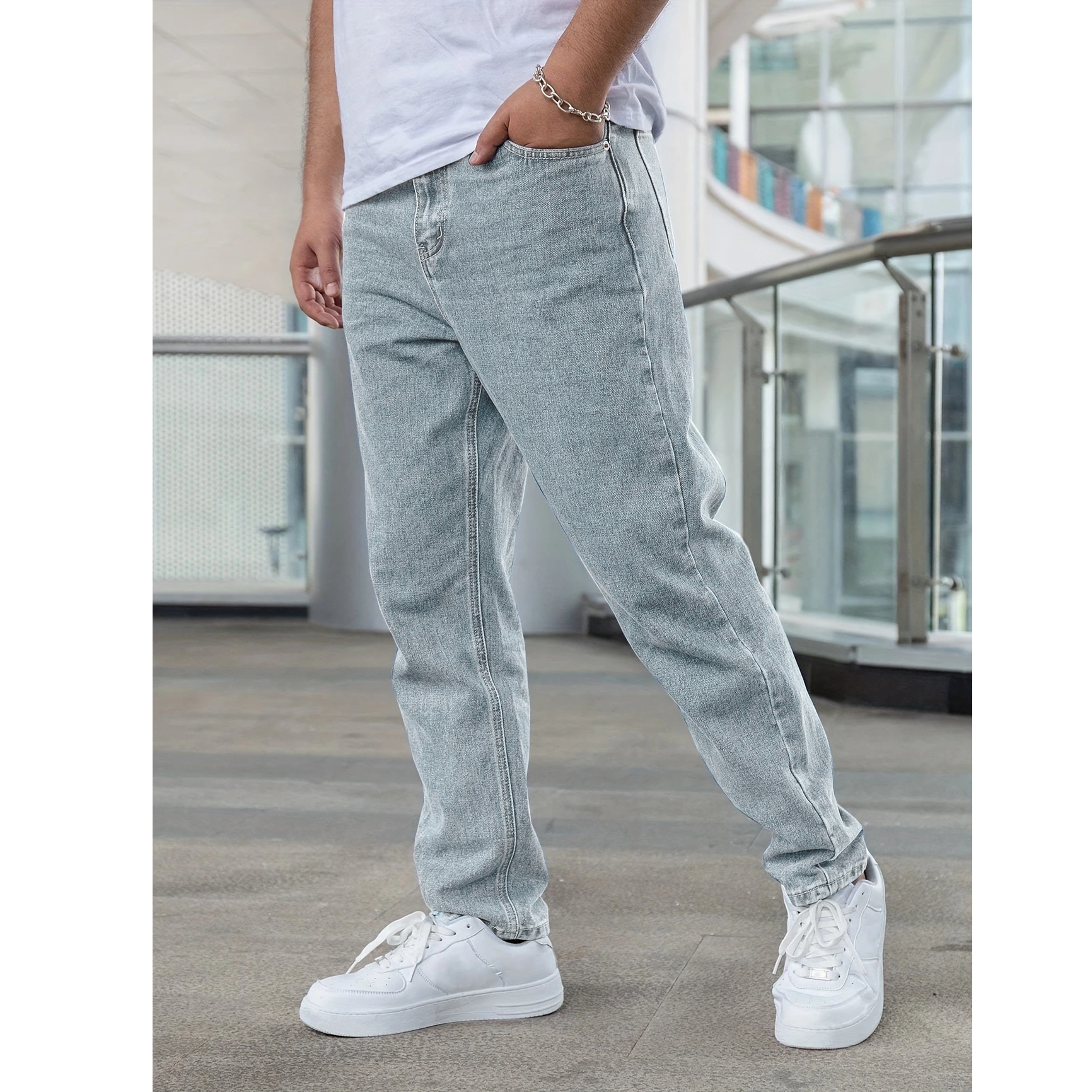 Men's Light Blue Straight Leg Jeans Casual Stretch Cotton Trousers Midweight Zipper Fly Mid Waist Long Pants_voghion.com