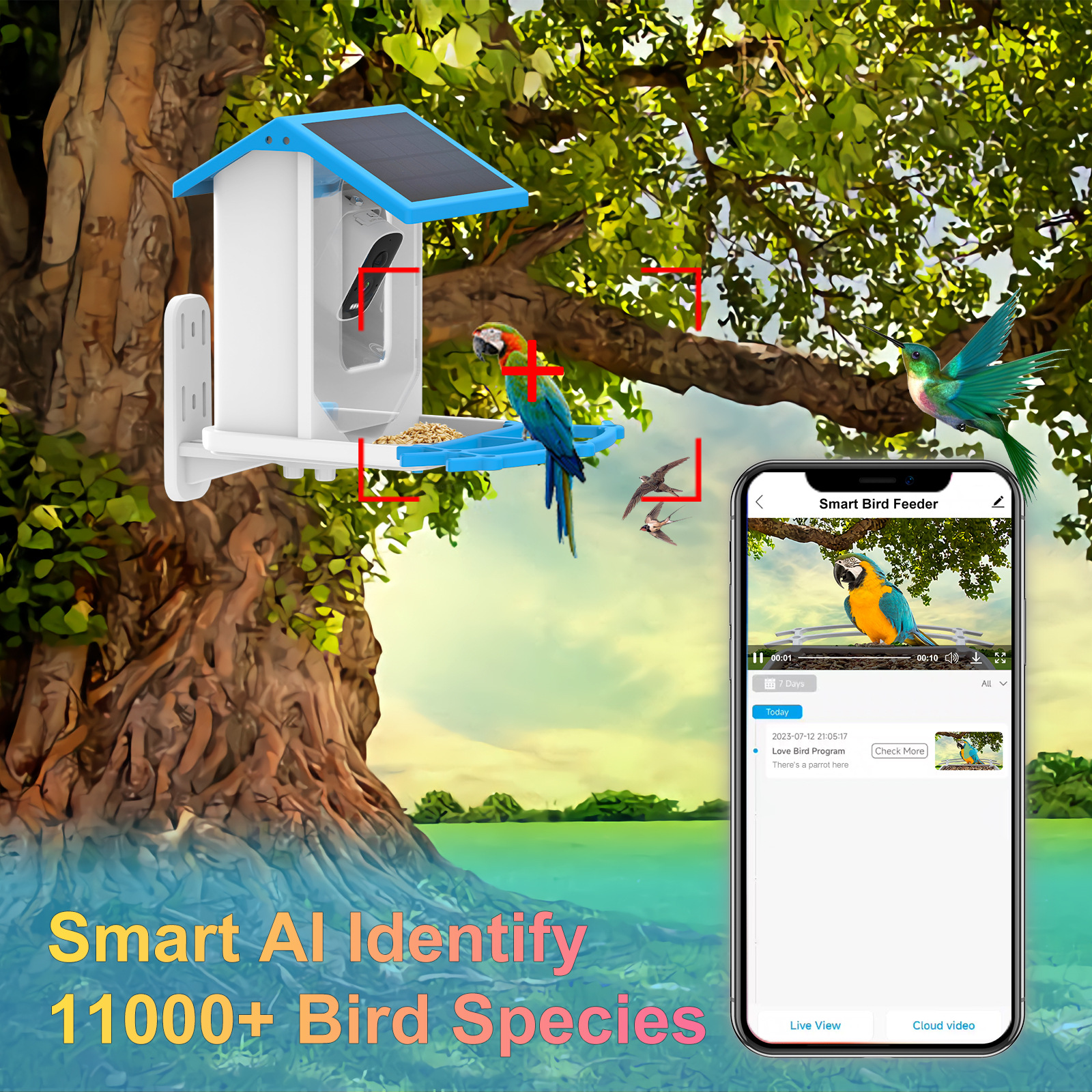 Comedero inteligente para pájaros con IA que reconoce más de 10,000 especies de aves, alimentador de mascotas de 5MP con energía solar, directo de fábrica.