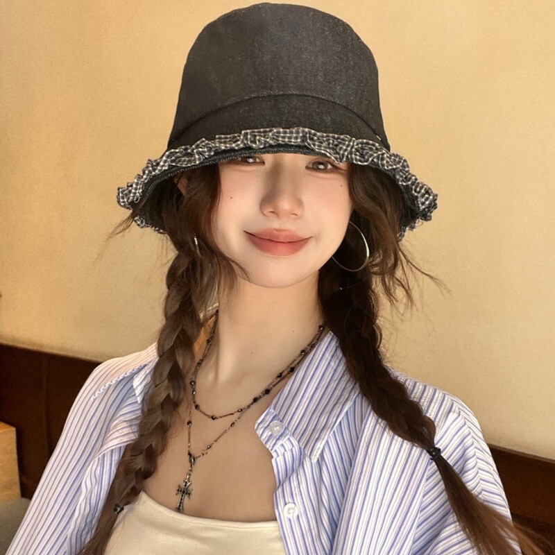 韩版甜美格子花边牛仔渔夫帽子女早秋天百搭优雅盆帽显脸小水桶帽|undefined