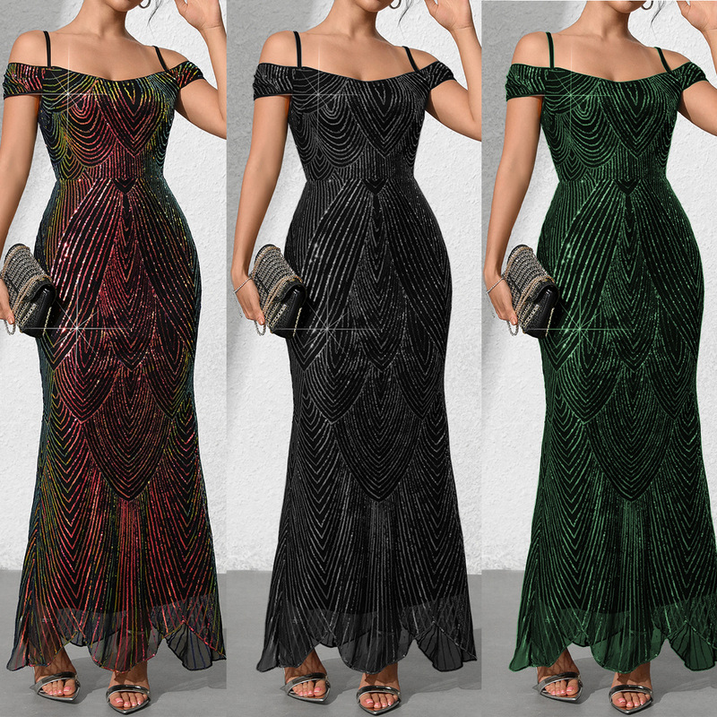 New 2025 European and American Women's One-Line Collar Off-Shoulder Sexy Sequin Dress Suspender Long Fishtail Skirt 9372 New 2025 European and American Women's One-Line Collar Off-Shoulder Sexy Sequin Dress Suspender Long Fishtail Skirt 9372